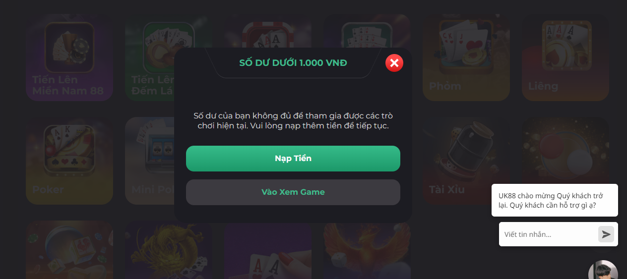 Người chơi cần nạp tiền để bắt đầu trải nghiệm các trò chơi