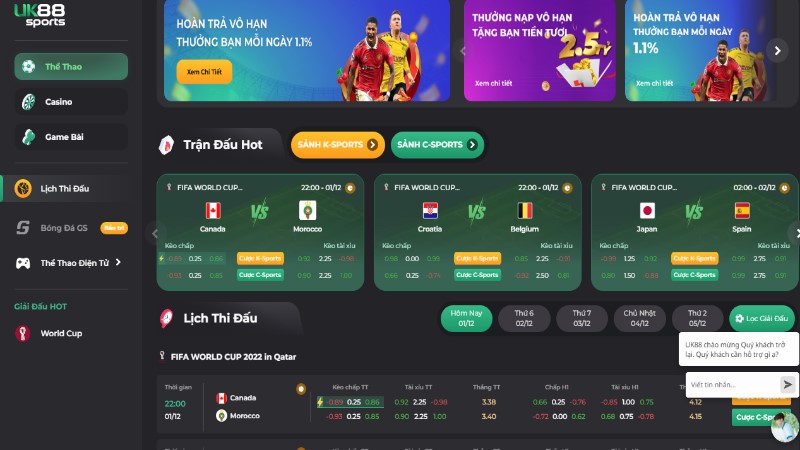 Kèo nhà cái UK88 hấp dẫn với tỷ lệ đa dạng