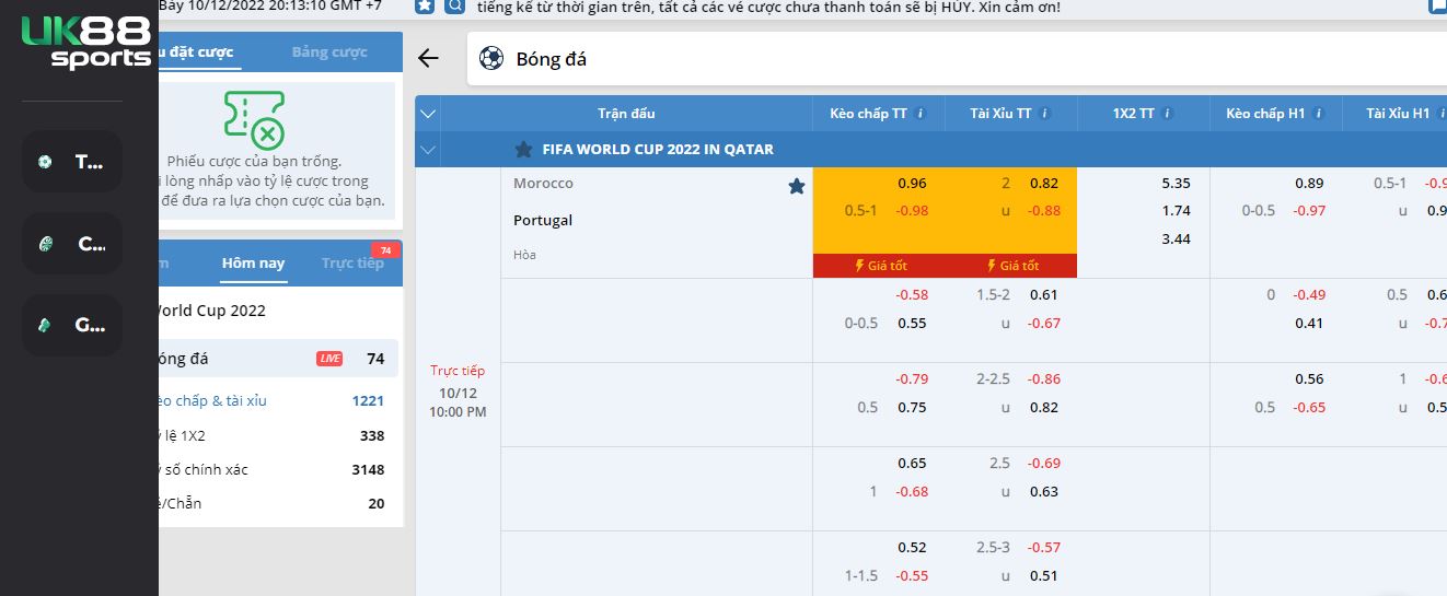 Tỷ lệ kèo nhà cái UK88 trận đấu Maroc vs BĐN
