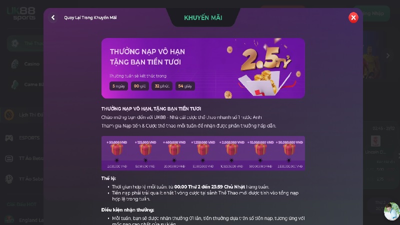 Ưu đãi thưởng nạp vô hạn tại nhà cái uy tín uk88