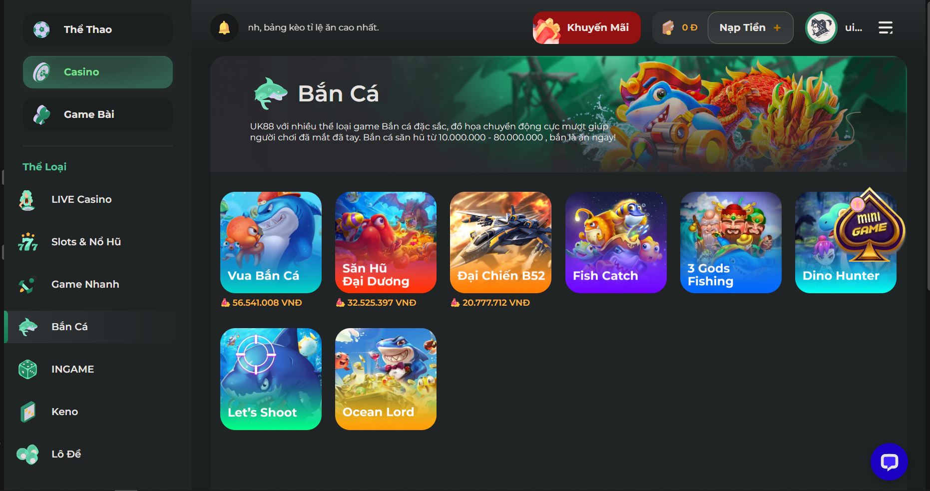 Kho game bắn cá cực khủng tại UK88
