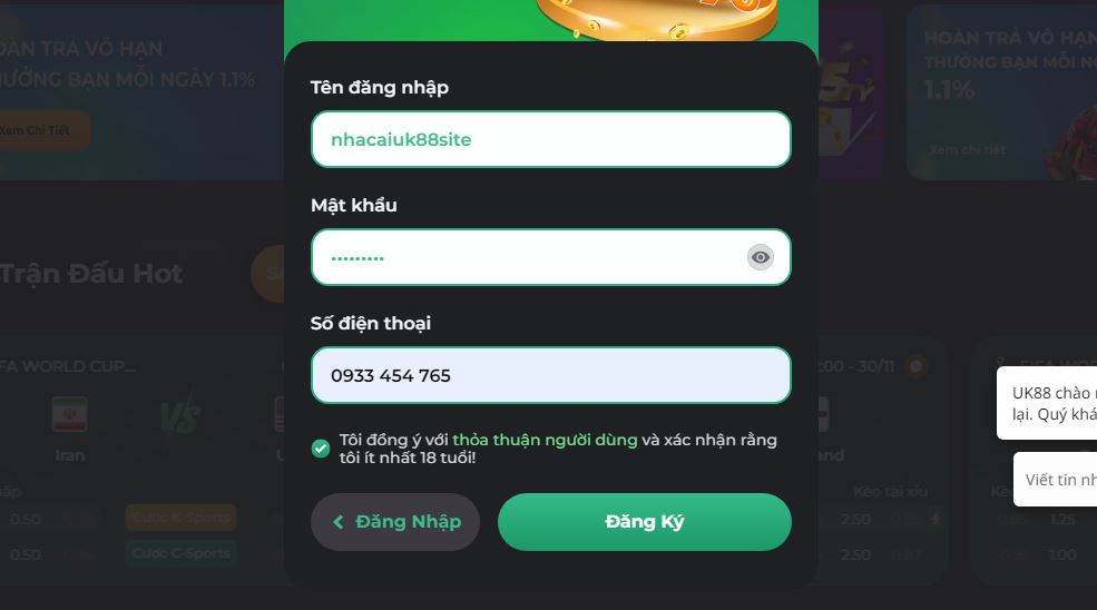 Đăng ký tài khoản mới tại UK88 vip