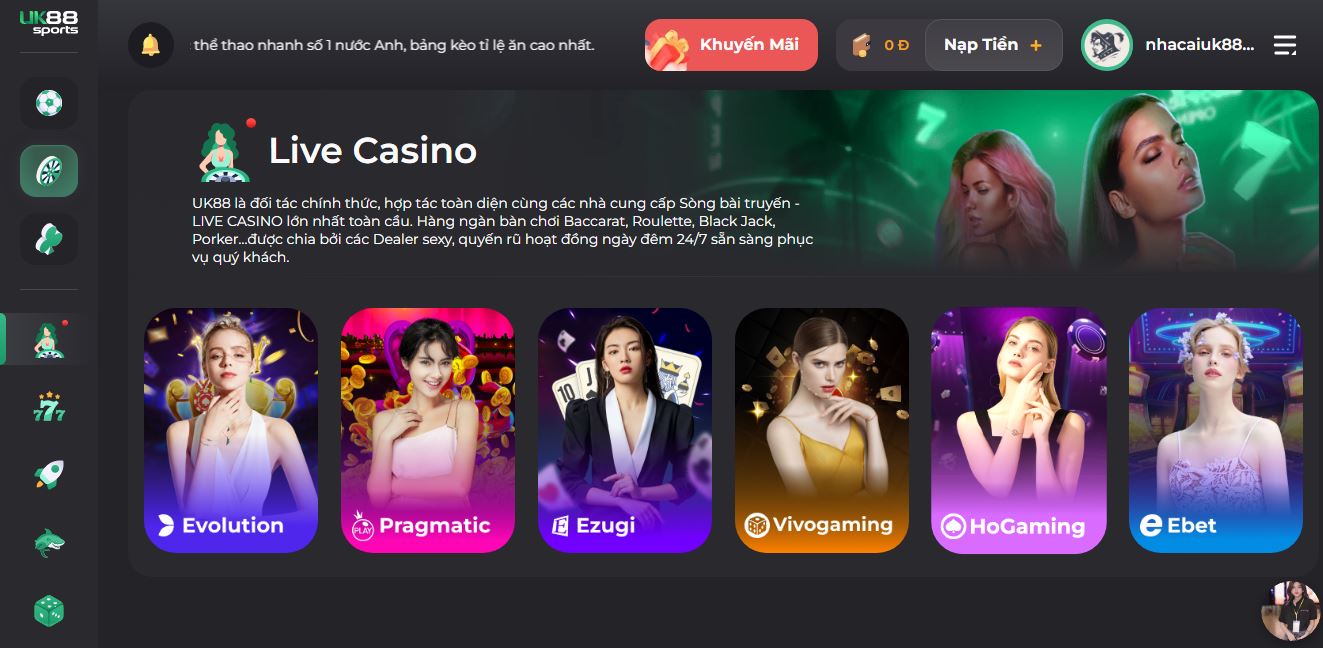 Sảnh Live Casino xanh chín tại UK88