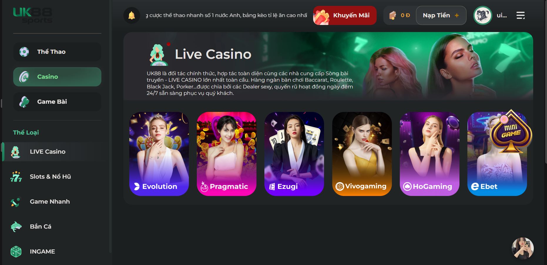 giao diện tại live Casino tại uk88