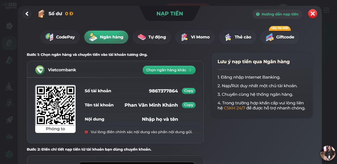 Nạp rút tiền đơn giản nhanh chóng trên UK88
