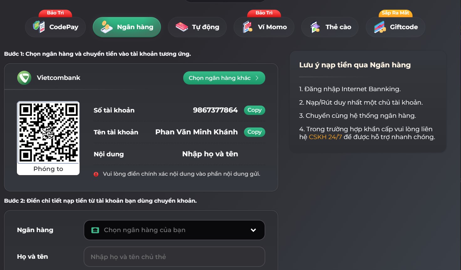 Rút nạp vô cùng nhanh chóng