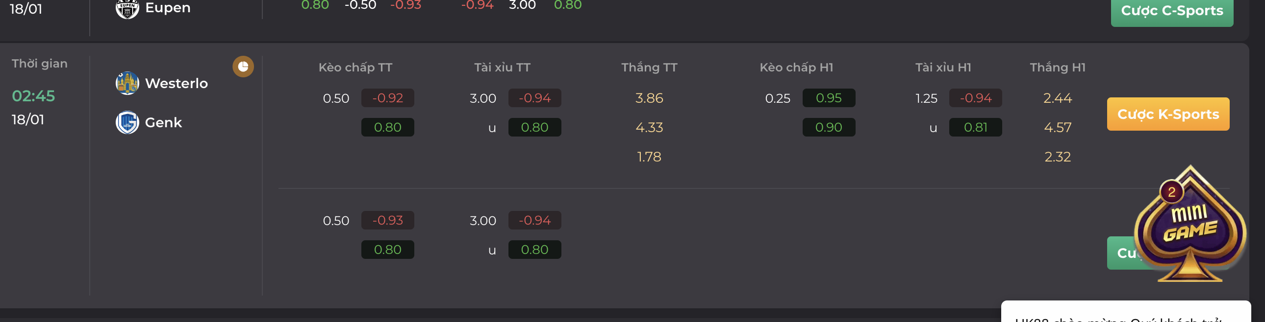UK88 VIP soi kèo trận đấu giữa Westerlo vs Genk ngày 18/01
