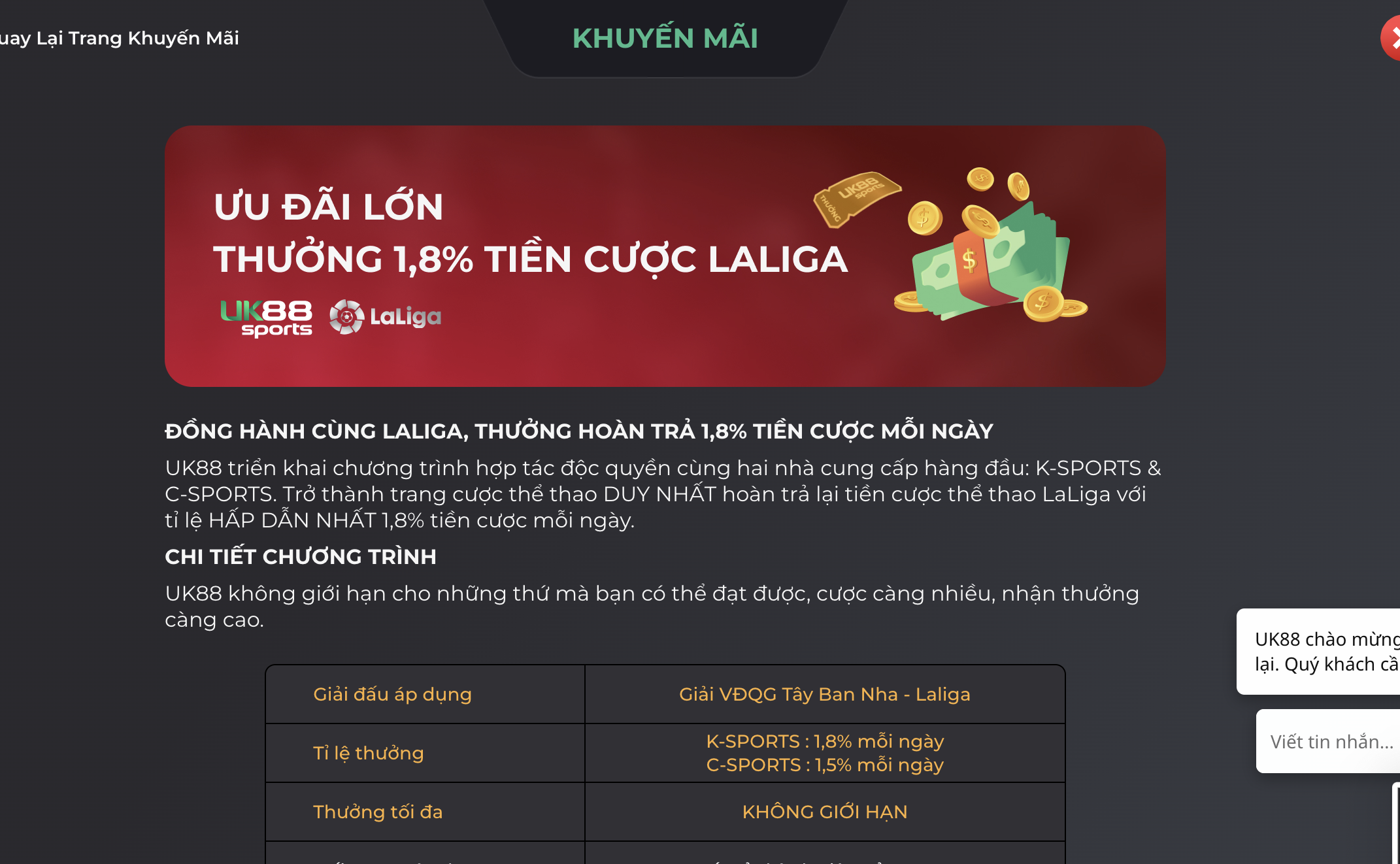 Mục đích UK88 khuyến mãi khủng thưởng lớn 1.8% tiền khi cược Laliga