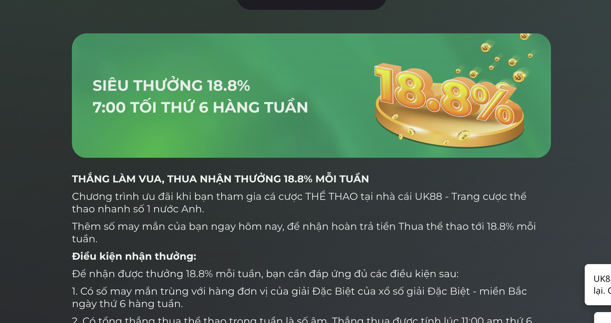 Thưởng hoàn trả 1.8% tiền cược mỗi ngày