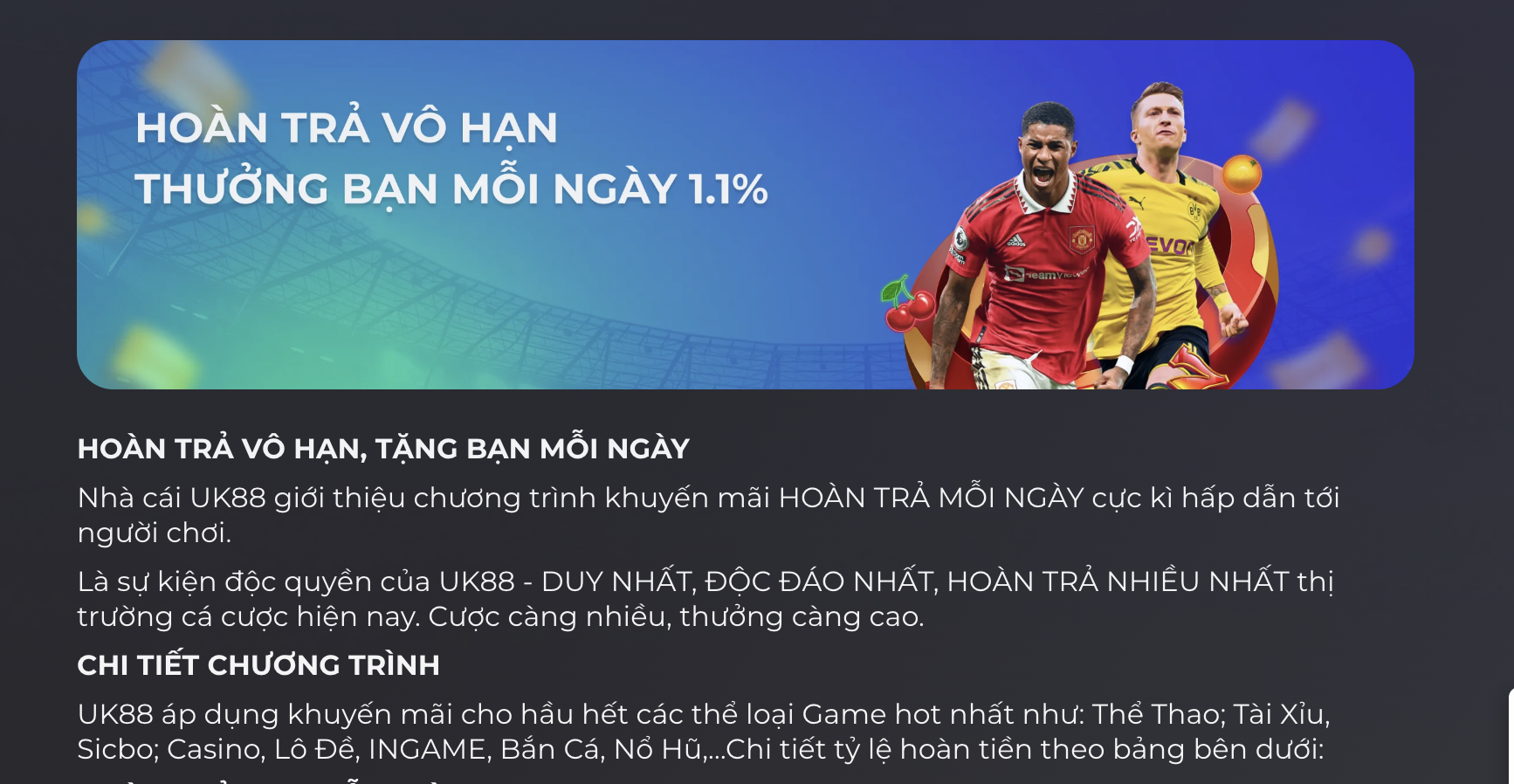 Thưởng hoàn trả 1.8% tiền cược mỗi ngày